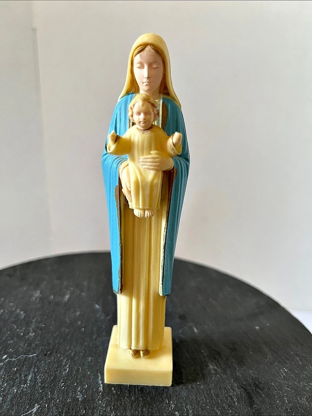 Vintage  Mary and Child Sculpture in Blue & Cream Plastic Hong Kong 5”